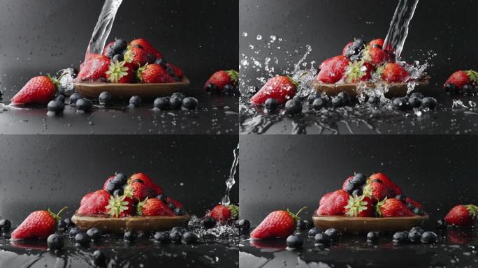 慢镜头拍摄清水冲洗碗里新鲜有机爆浆水果
