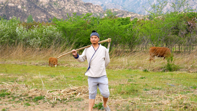 汉代农民下地干农活，扛农具走路