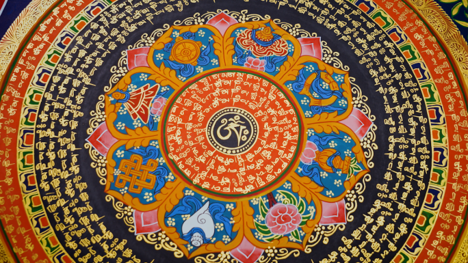 西藏手绘唐卡六字真言坛城 藏族文字