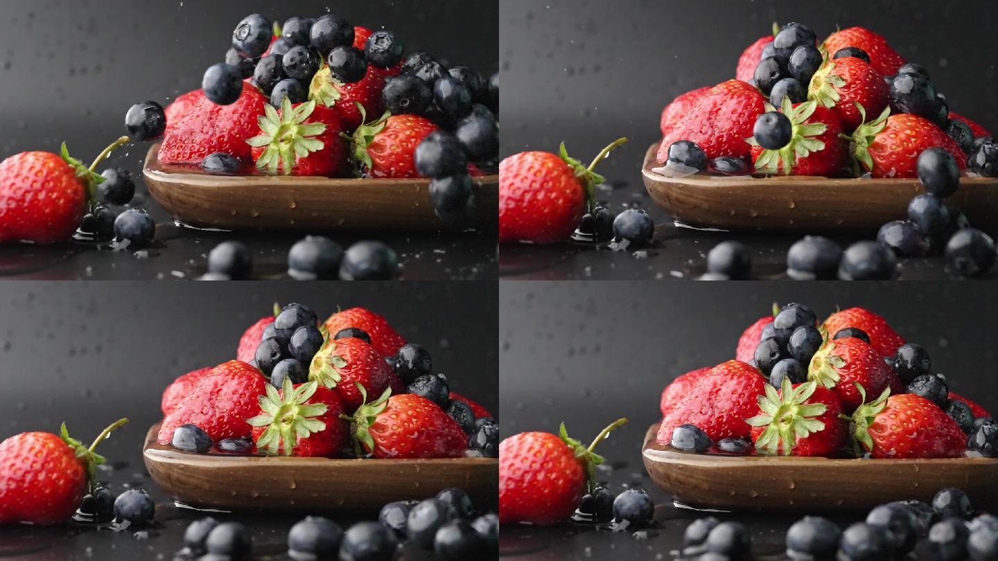 慢镜头拍摄蓝莓落入碗里有机新鲜爆浆草莓