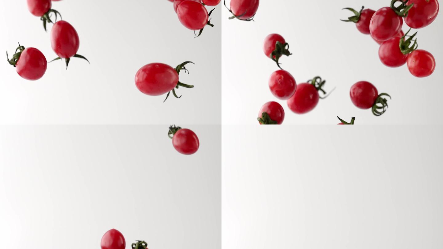 慢镜头拍摄空中掉落新鲜有机小番茄