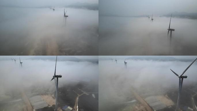 海边雾里的风力发电机风车