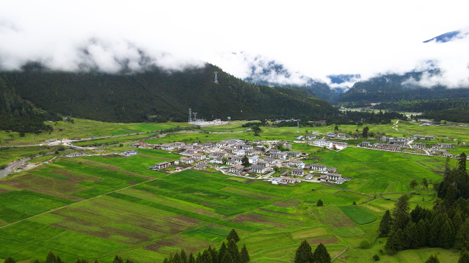 航拍西藏林芝鲁朗小镇之扎西岗村