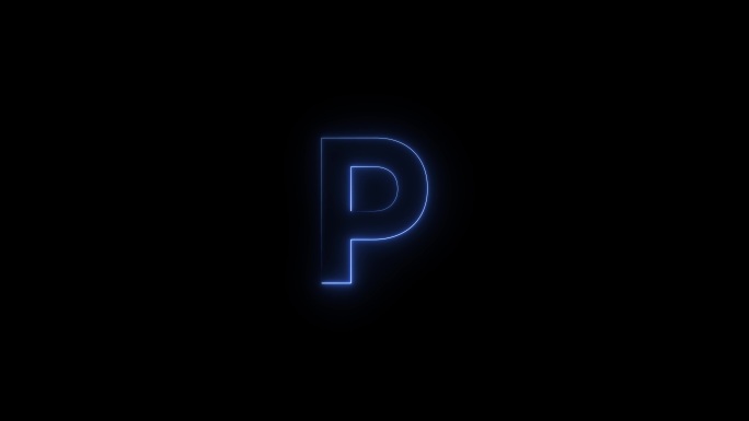 蓝色霓虹灯字体字母P大写在一段时间后出现。黑色背景上的动画蓝色霓虹字母符号。股票视频