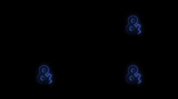 蓝色霓虹灯字体和符号大写在一段时间后出现。黑色背景上的动画蓝色霓虹字母符号。股票视频