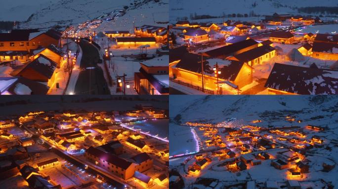 新疆可可托海额河第一村夜景航拍