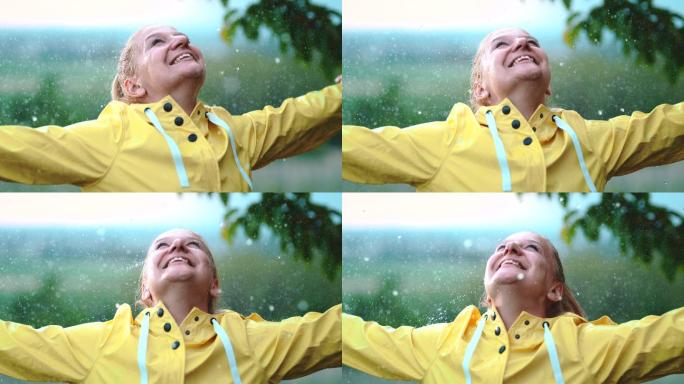 超级SLO-MO中年女性享受雨天