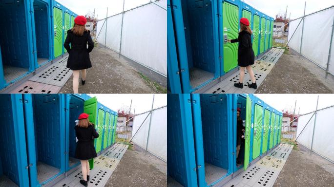 4K后续镜头：一名亚洲女子走进公共厕所