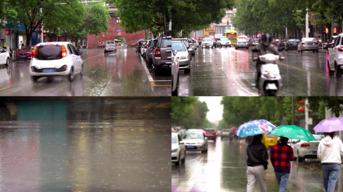下雨天街道车流行人