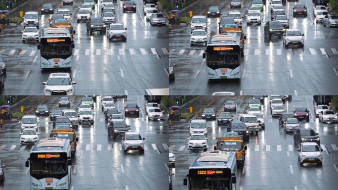4K正版-下雨天出行通勤的车辆车流