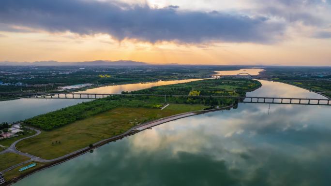 航拍滹沱河湿地落日延时