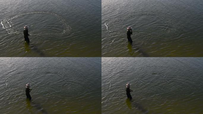 渔夫撒网，日出场景，泰国