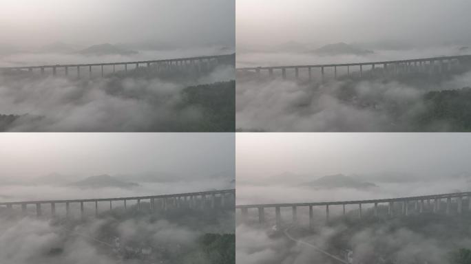 航拍中国山区高速高架桥云雾云海诸永高速