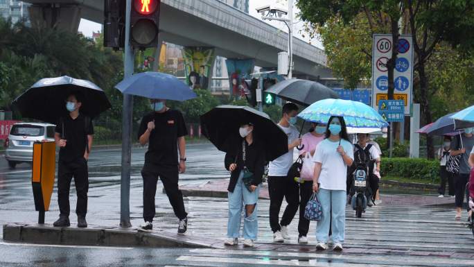 4K正版-下雨天撑伞过马路的行人