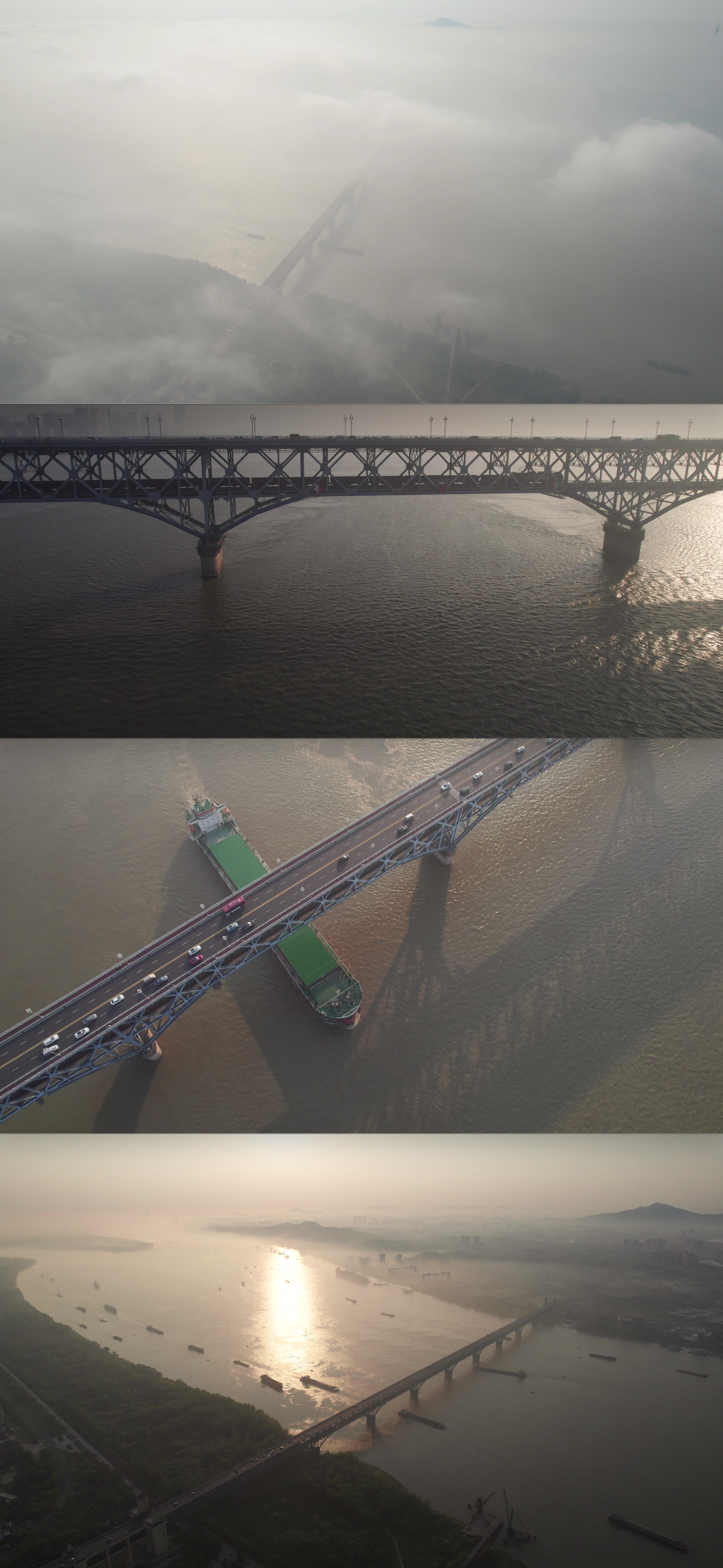 南京长江大桥清晨日出航拍