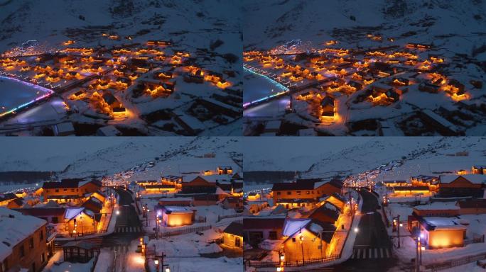 雪后新疆可可托海三号坑额河第一村航拍夜景