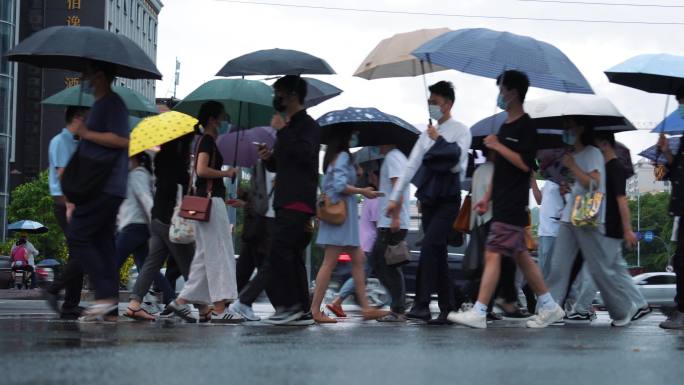 4K正版-下雨天撑伞过马路的行人