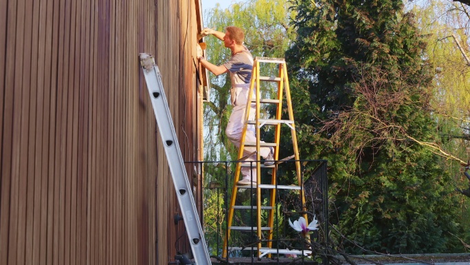 梯子上的男油漆工对房屋外部的木质壁板进行了染色