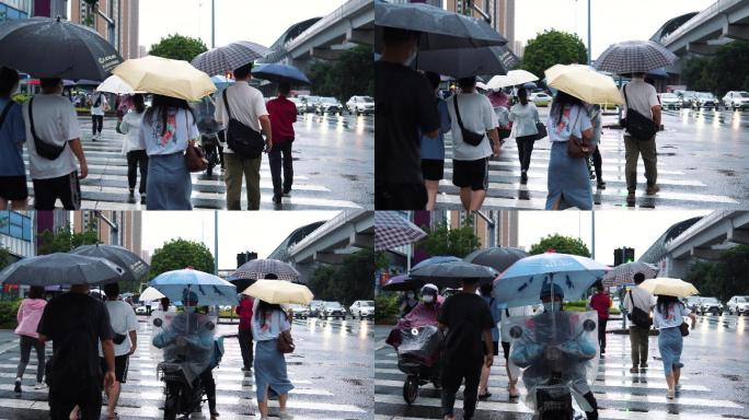 4K正版-下雨天撑伞过马路的行人