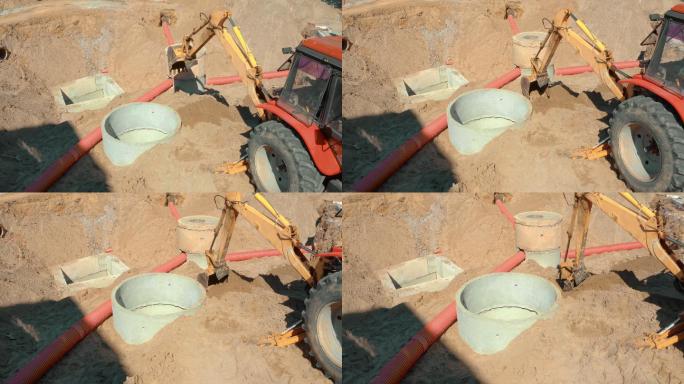 推土机挖坑。管道的铺设和更换