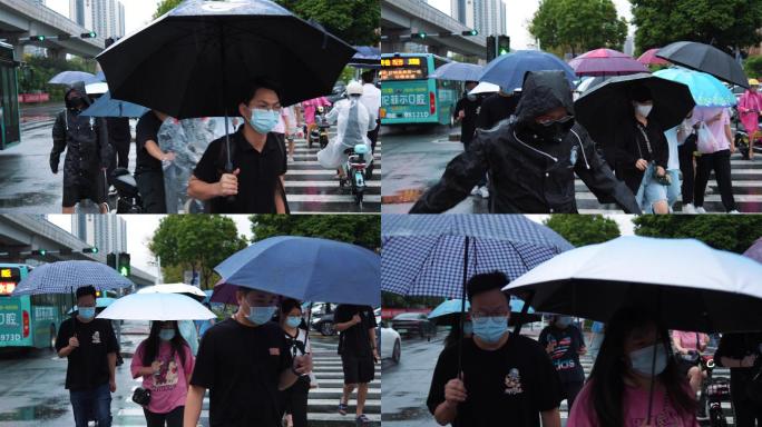 4K正版-雨中出行通勤的行人车辆