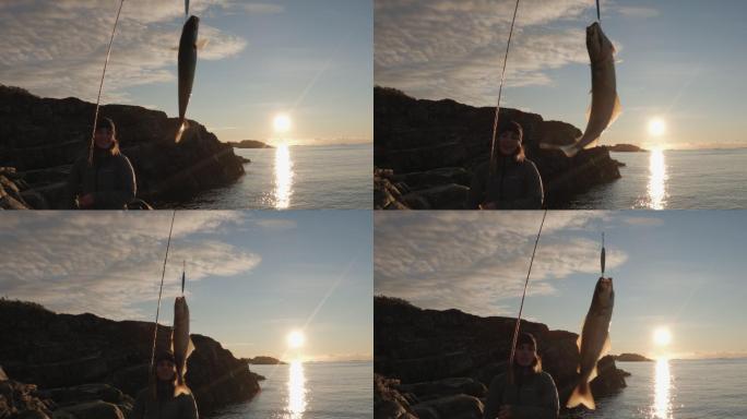 挪威户外：女人在海里用鱼竿旋转钓鱼