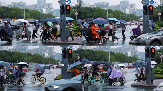 4K正版-雨中出行通勤的行人车辆