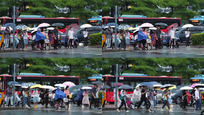 4K正版-下雨天人行道等待过马路的行人