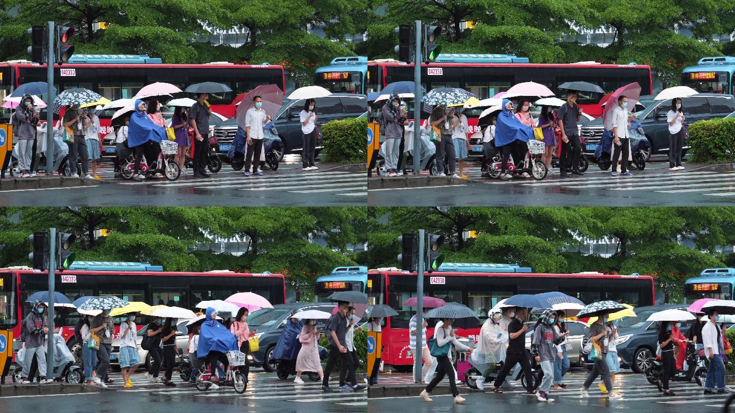 4K正版-下雨天人行道等待过马路的行人