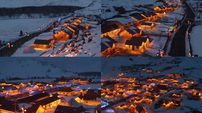 新疆额河第一村夜景航拍视频素材