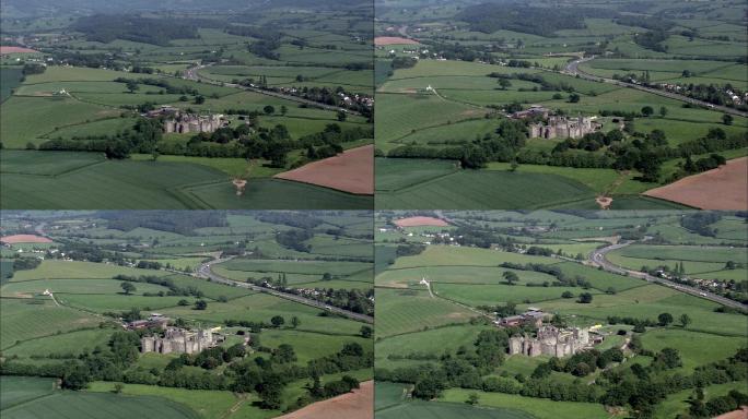 拉格兰城堡-鸟瞰图-威尔士，蒙茅斯郡，直升机拍摄，航空视频，cineflex，英国