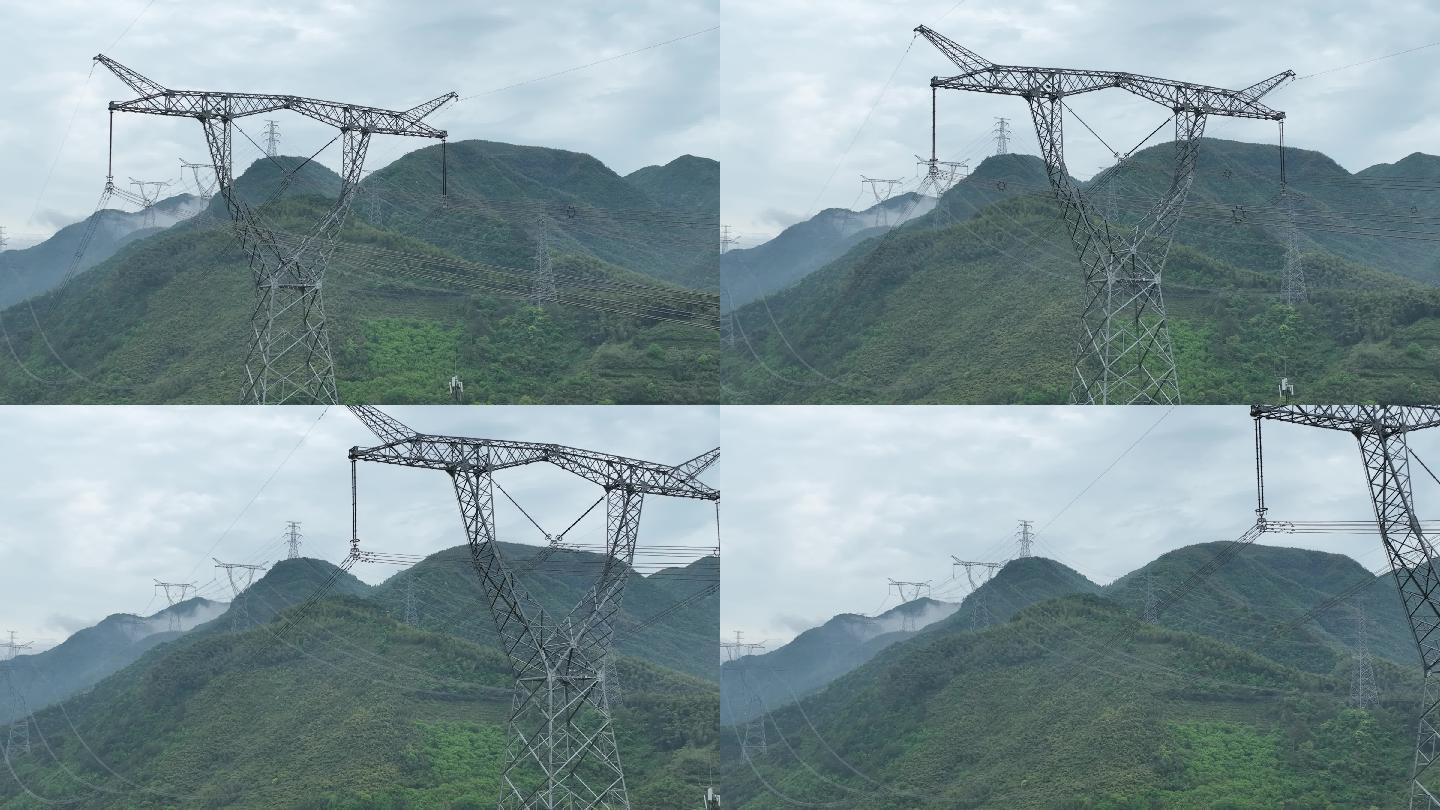 航拍山区云雾高压电网电线电塔电力特高压