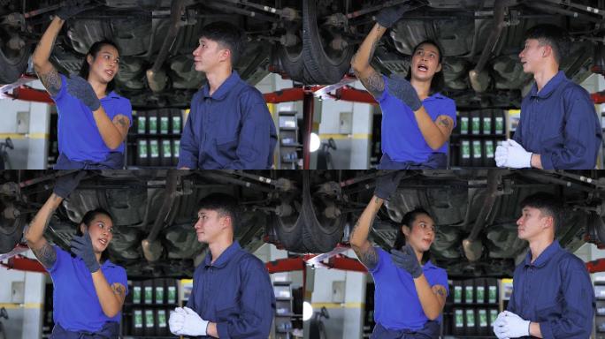 男性和女性发动机工程师检查来料发动机进行维护。