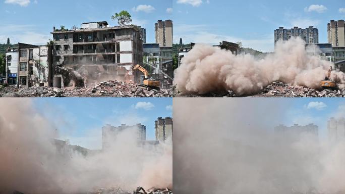 城市建设老旧街区旧房改造拆除挖掘机作业