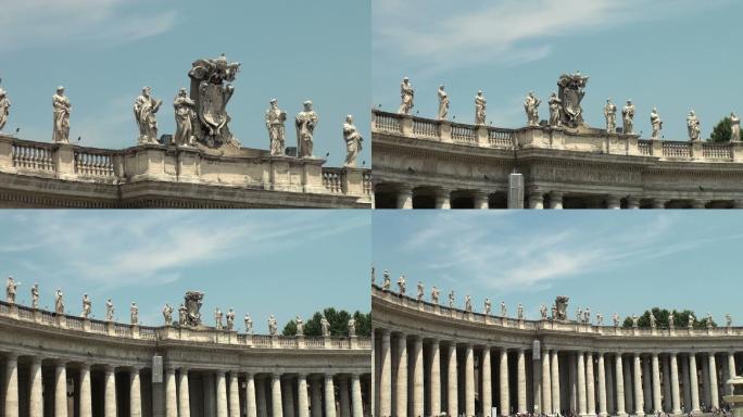 罗马圣彼得广场的贝尔尼尼柱廊、圣徒和游客