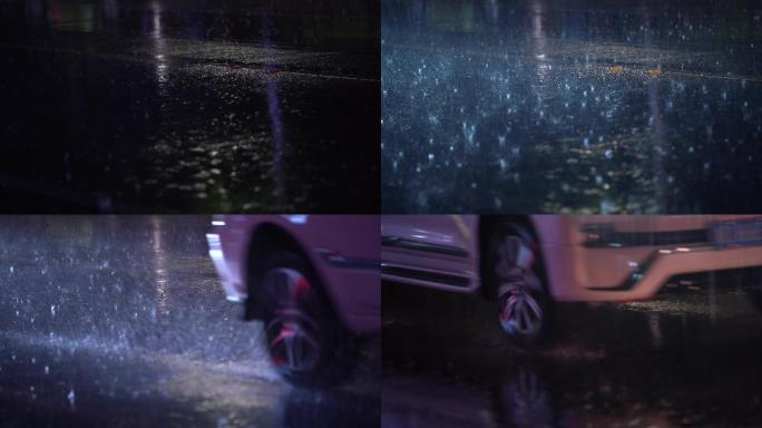 暴雨大雨晚上夜晚城市马路道路车辆路灯安全