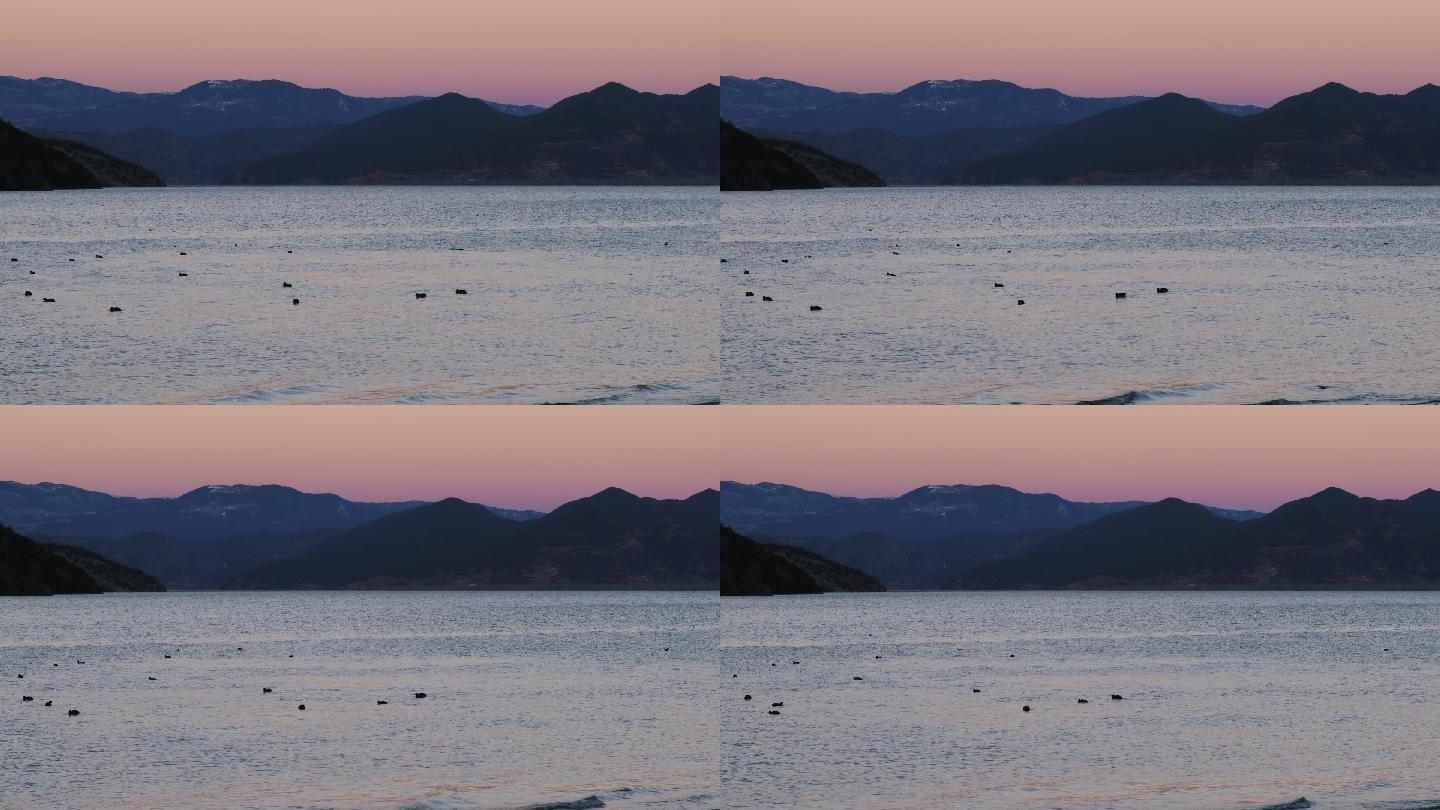 日出时，泸沽湖仍然漆黑一片