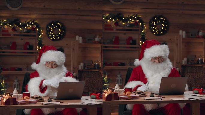 圣诞老人在笔记本电脑上的视频聊天中安排了一些事情，并完成了对话