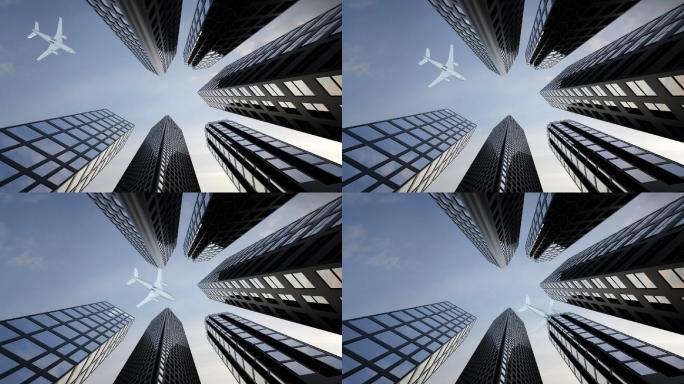 飞机飞过高楼大厦楼顶高端地产广告片头素材