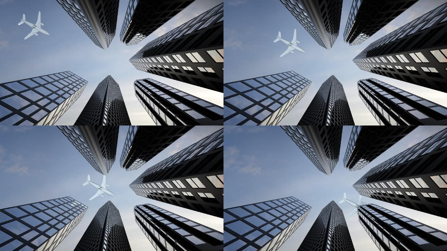 飞机飞过高楼大厦楼顶高端地产广告片头素材