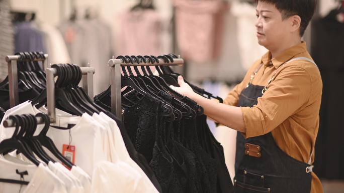 亚裔中国女性精品店服装店老板工作挂衣服