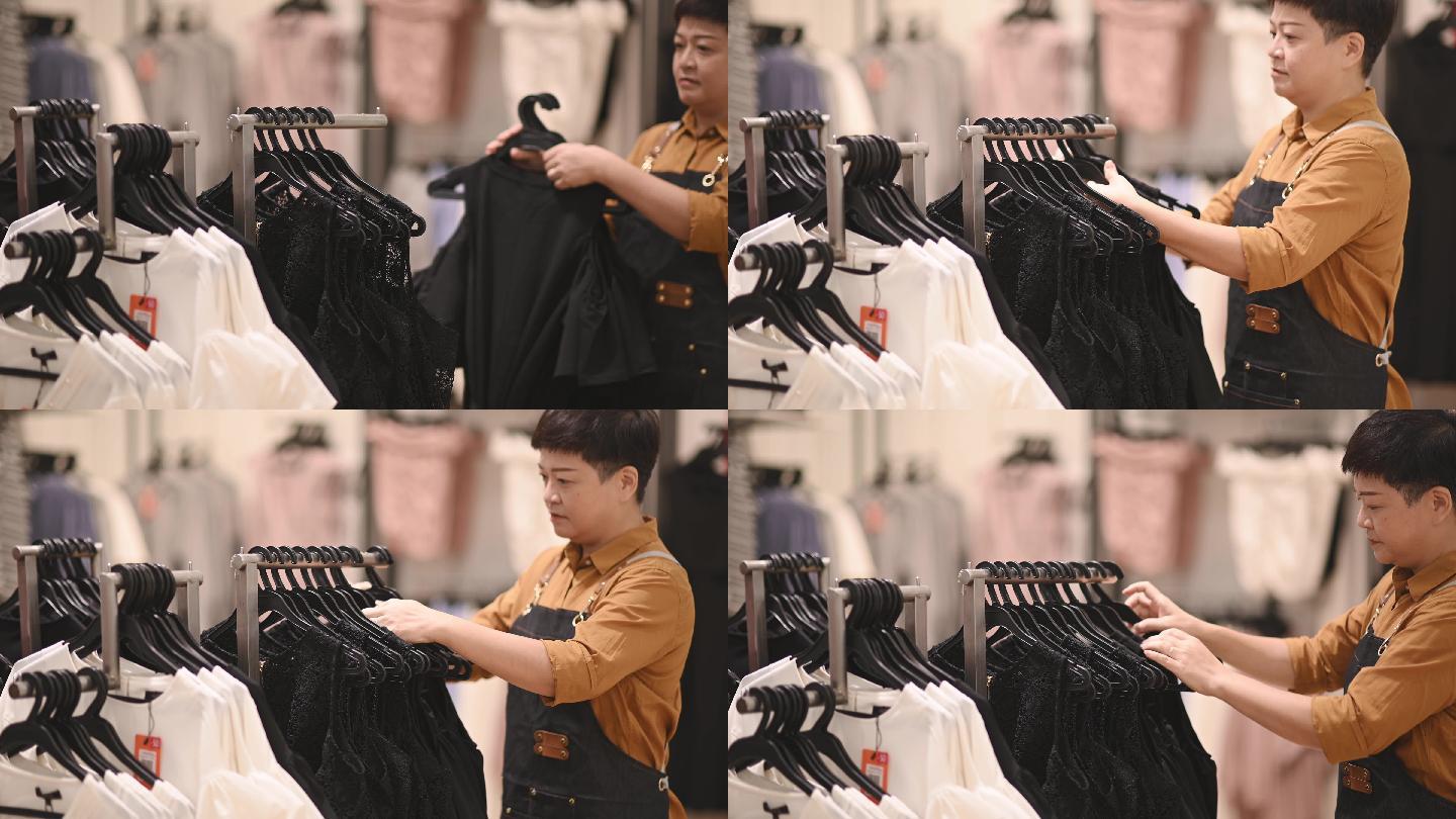 亚裔中国女性精品店服装店老板工作挂衣服