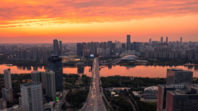 沈阳城市落日彩霞全景航拍