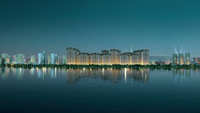 三维河边建筑夜景