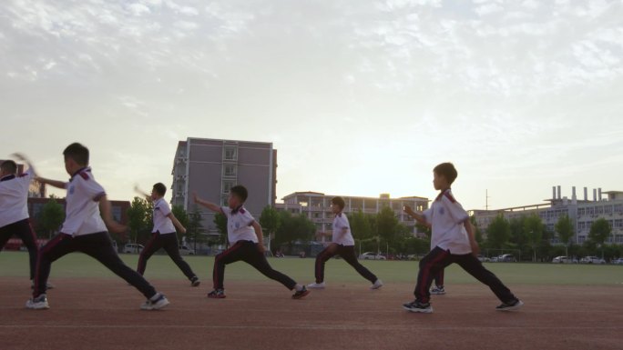 夕阳下训练武术的学生