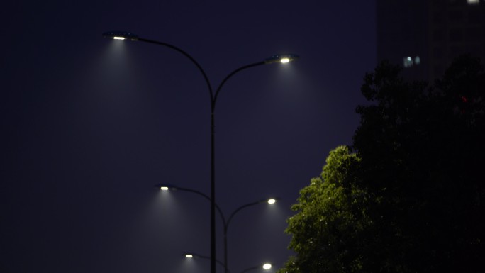 城市道路路灯灯光雾气水气