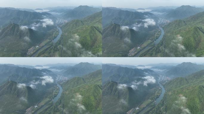 航拍浙江山水青山绿水早晨云雾绍兴诸暨马剑