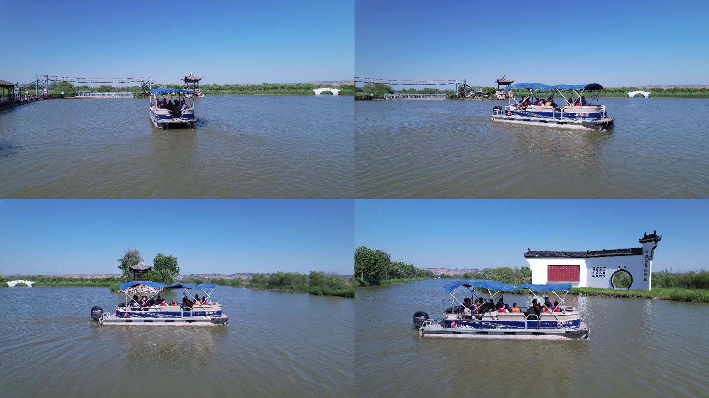 湖中游船小艇电动船游玩观光城市湖泊航拍