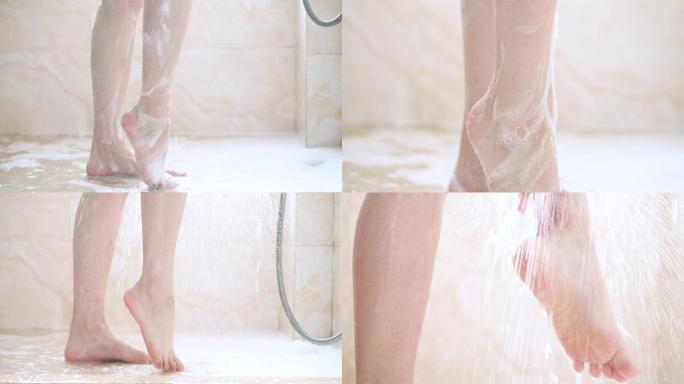 女孩在浴室冲凉洗澡冲洗沐浴露4k视频素材