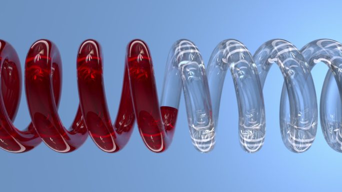 医学生物红色试剂流过双螺旋管子动态视频